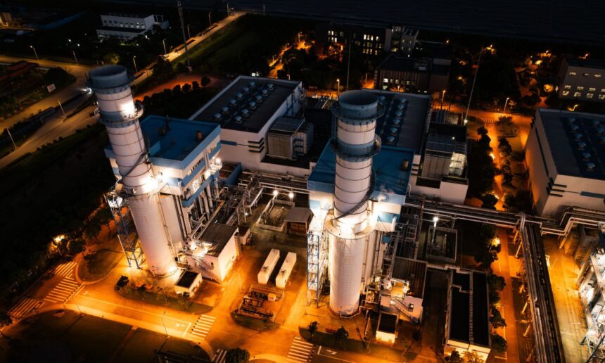 Aerial view of Natural Gas Combined Cycle Power Plant at nigh