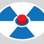 Drawing of a nuclear warning trefoil symbol with a button in the middle