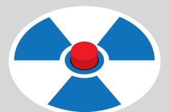 Drawing of a nuclear warning trefoil symbol with a button in the middle