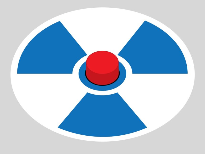 Drawing of a nuclear warning trefoil symbol with a button in the middle