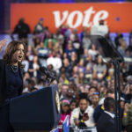 Democratic presidential nominee Vice President Kamala Harris delivers remarks during a campaign rally at the Alan Horwitz