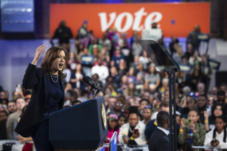 Democratic presidential nominee Vice President Kamala Harris delivers remarks during a campaign rally at the Alan Horwitz