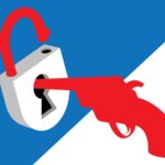 A red, white and blue illustration of a gun with a padlock at the tip