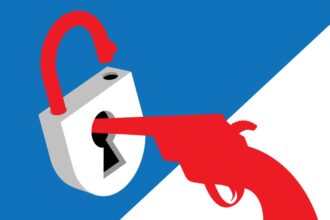 A red, white and blue illustration of a gun with a padlock at the tip