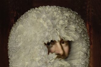 a digitally reimagined portrait showing a man with a lace ruff that ridiculously covers his head and his face