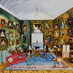 an oil painting of a historic home with numerous paintings hanging salon-style on green walls