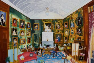 an oil painting of a historic home with numerous paintings hanging salon-style on green walls