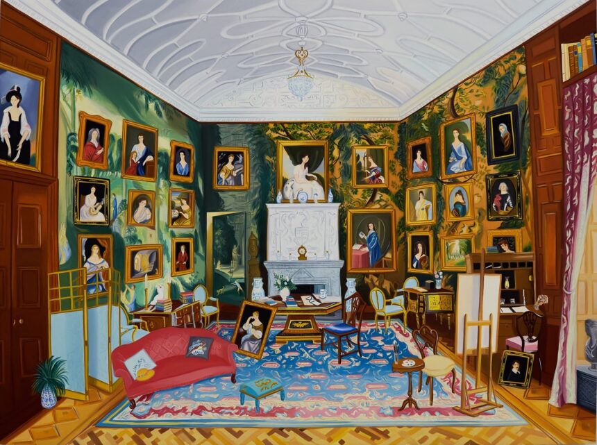 an oil painting of a historic home with numerous paintings hanging salon-style on green walls