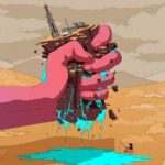 An illustration of a pink hand crushing an oil installation in the middle of the desert as water seeps underneath