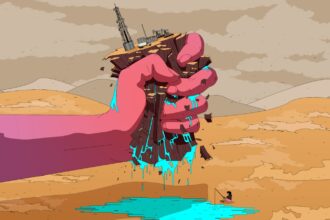 An illustration of a pink hand crushing an oil installation in the middle of the desert as water seeps underneath