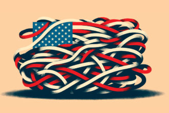 Digital art of an unraveling American flag