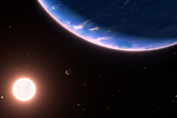 An illustration of a blue, cloudy planet in front of a small red star.