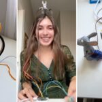 three photos: a rat holding orange string, a woman with a robot rat on her head and a robot rat with wires coming out of it