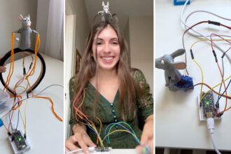 three photos: a rat holding orange string, a woman with a robot rat on her head and a robot rat with wires coming out of it