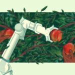 an illustration of a robot arm picking an apple from a tree alongside human hands also picking apples from the same tree