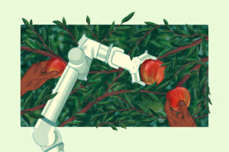 an illustration of a robot arm picking an apple from a tree alongside human hands also picking apples from the same tree