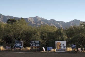 political signs line a highway near a high, dry mountain range