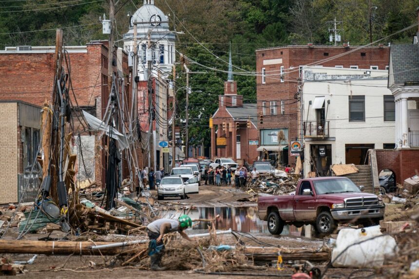 Debris in the aftermath of Hurricane Helene in Marshall. N.C.