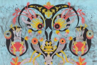 a symmetric, abstract work with floral like patterns. the color palette is largely black, pink, and yellow on light blue