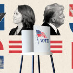 A collage of a voting booth, Trump, Harris, energy infrastructure, food, hurricanes, and clouds