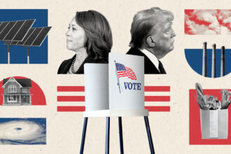 A collage of a voting booth, Trump, Harris, energy infrastructure, food, hurricanes, and clouds