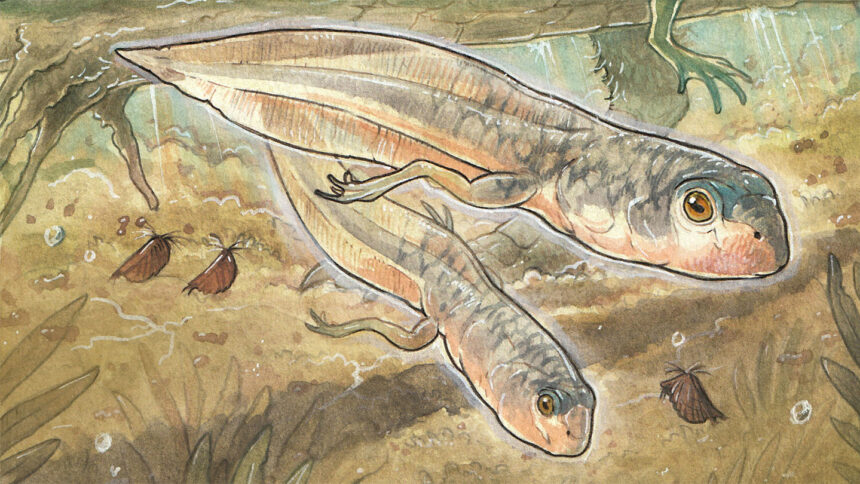 An illustration of a large, tadpole with arms, from the side, swimming in a murky pond