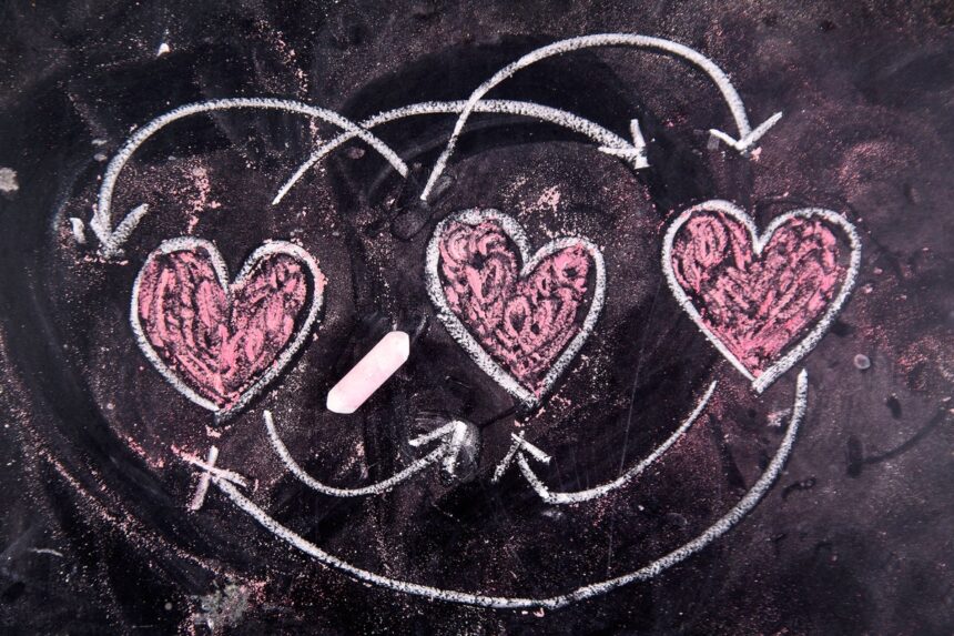 Three hearts drawn on a chalkboard with arrows connecting them in various combinations