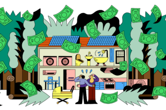 Illustration of Tik and his wife looking at their home with money flying around them