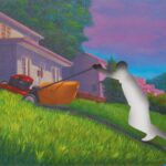 an oil painting portraying a figure mowing a lawn uphill, but the figure has been removed, leaving a void in the canvas