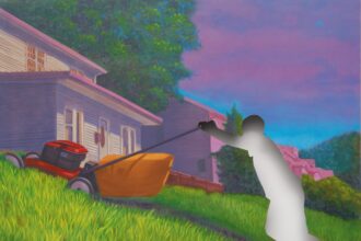 an oil painting portraying a figure mowing a lawn uphill, but the figure has been removed, leaving a void in the canvas