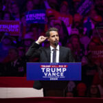 Comedian Tony Hinchcliffe talks about Trump's assassination attempt during a Trump rally at Madison Square Garden in New York on Oct. 27, 2024.