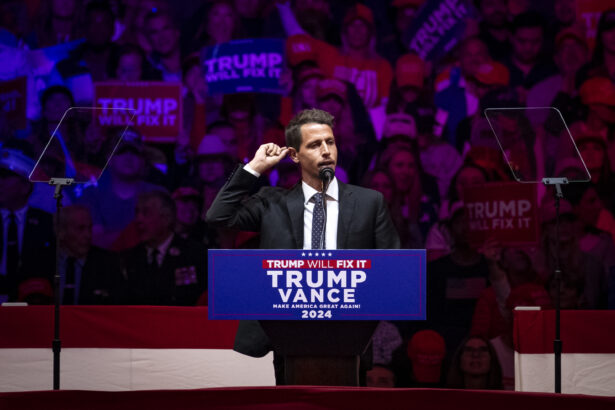 Comedian Tony Hinchcliffe talks about Trump's assassination attempt during a Trump rally at Madison Square Garden in New York on Oct. 27, 2024.