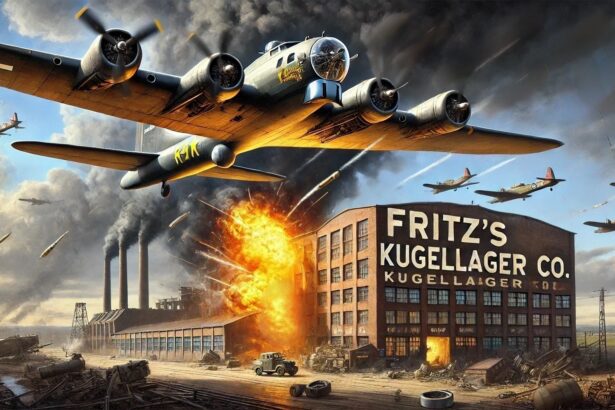 Bombing of a ball bearing factory in Germany in 1943, with a bit of artistic licence from DALL-E and your humble blogger