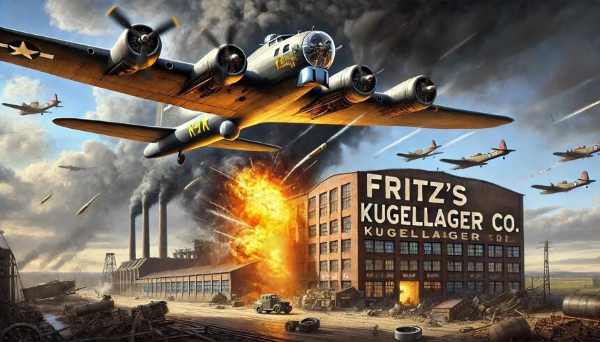 Bombing of a ball bearing factory in Germany in 1943, with a bit of artistic licence from DALL-E and your humble blogger