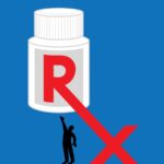 illustration of a shadow of person reaching up under a large medication bottle with an RX symbol, the X extending down and out of the label