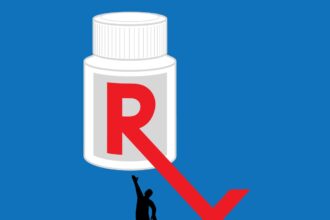 illustration of a shadow of person reaching up under a large medication bottle with an RX symbol, the X extending down and out of the label