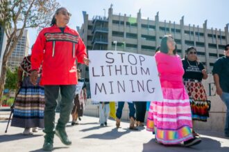 A man in a red sweater and glasses carries a Stop Lithium Mining sign which is also held by a woman in a pink shirt and skirt