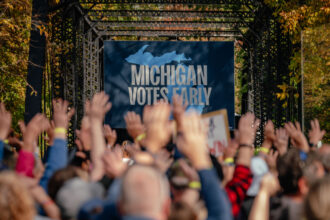 Crowds gather before Harris delivers remarks at Riverside Park.