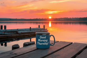 A sunrise at at lake and a wooden dock. There