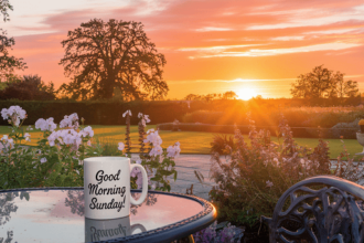 A sunrise in the distance seen from a garden. There is a mug with the writing Good Morning Sunday on it standing on a patio table.