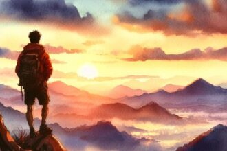 An watercolor image of a man getting out his comfort zone by hiking up to the top of a mountain.