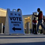 Voters line up to cast their ballots at Allegiant Stadium on November 05, 2024 in Las Vegas, Nevada.