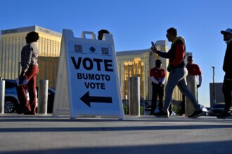 Voters line up to cast their ballots at Allegiant Stadium on November 05, 2024 in Las Vegas, Nevada.