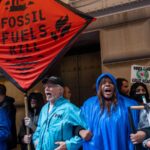 People lined up at a climate protest in Manhattan, New York.