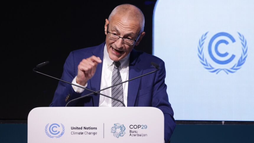 John Podesta, the U.S. Senior Advisor to the President for International Climate Policy, speaks to the media on the opening day of the UNFCCC COP29 Climate Conference on November 11, 2024 in Baku, Azerbaijan.