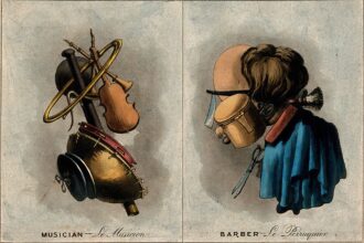 the lower half of a page of aquatint illustrations portraying composite heads of a musician and a barber made of their respective instruments