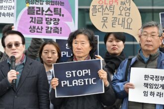 A small group of protesters hold signs, mostly in Korean, but one reads