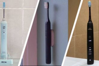 Three electric toothbrushes against different backgrounds