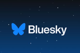 Bluesky logo (a butterfly) on a field of stars