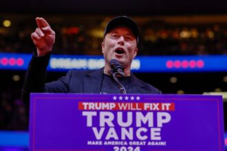 Elon Musk behind a podium with a Trump campaign sign speaks at a rally.